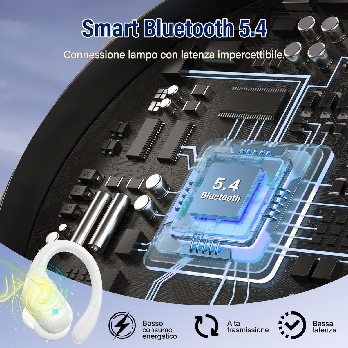 Qecnato Cuffie Bluetooth Senza Fili, Auricolari Bluetooth 5.4 con Stereo HiFi, 75 Ore, Auricolari con 4 ENC Mic, Display LED, IP7 impermeabili Cuffiette Wireless per Jogging, Lavoro, Nero