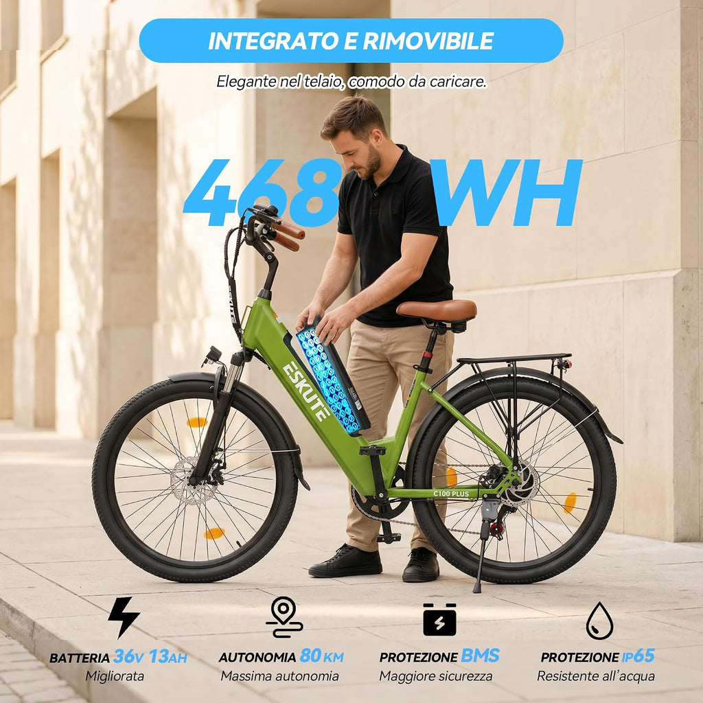 ESKUTE C100 Plus Bici Elettrica, 26 Pollici Bicicletta Elettrica, Motore 250W, Batteria Rimovibile 36V 13Ah, Velocità Massima di 25 km/h, 7 Velocità, Display LCD, E-bike per Adulti