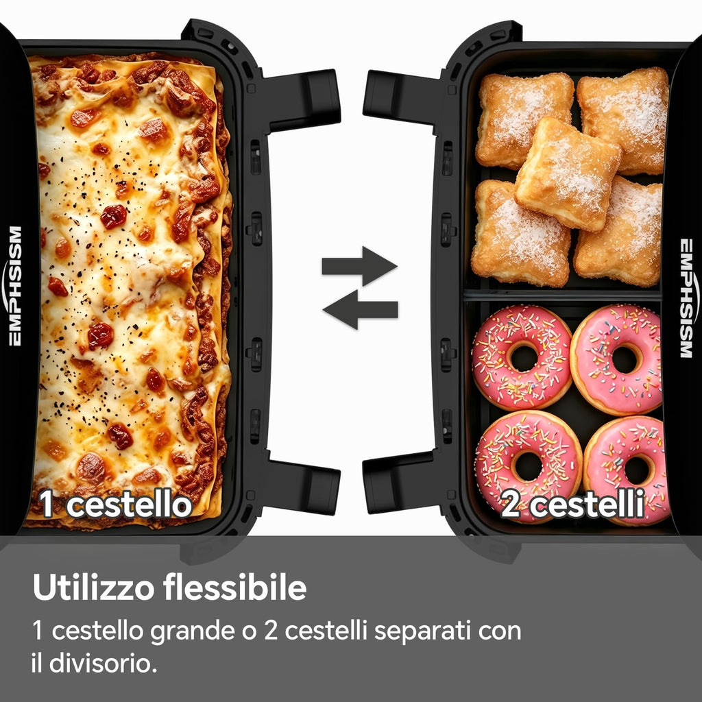 Friggitrice ad Aria 12L | Friggitrice Aria XXL Modalità Flessibile 1 o 2 Zone, 2600W Doppia Resistenza Controllo Indipendente Finestra & Luce Interna, Air Fryer Grande 8-in-1 Touch Control Ricettario