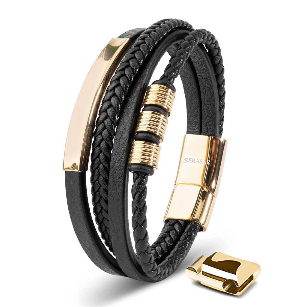 SERASAR - Bracciale da uomo in pelle di alta qualità, con chiusura magnetica in acciaio inox, nero, argento e oro, con scatola per gioielli, ottima idea regalo