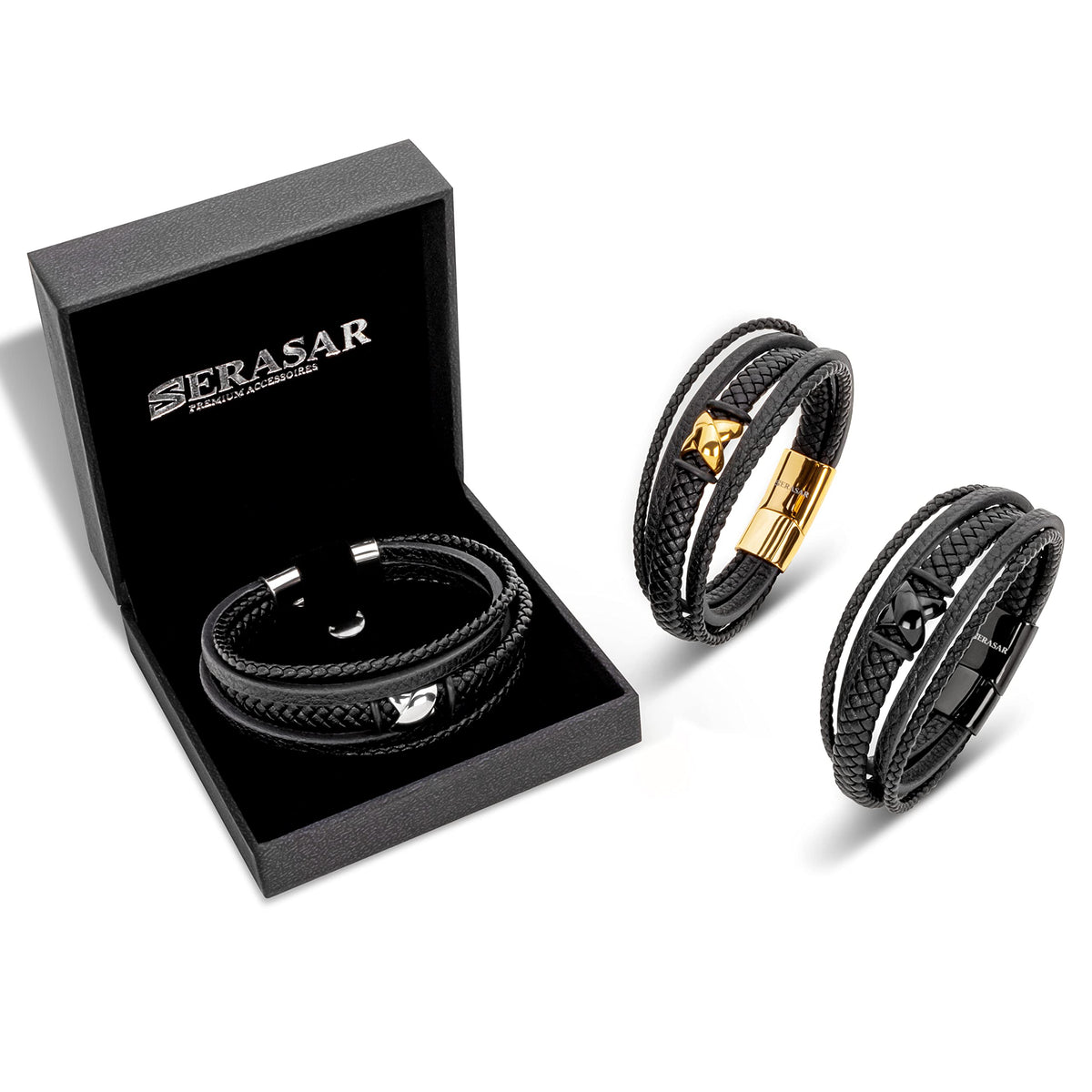 SERASAR - Bracciale da uomo in pelle di alta qualità, con chiusura magnetica in acciaio inox, nero, argento e oro, con scatola per gioielli, ottima idea regalo