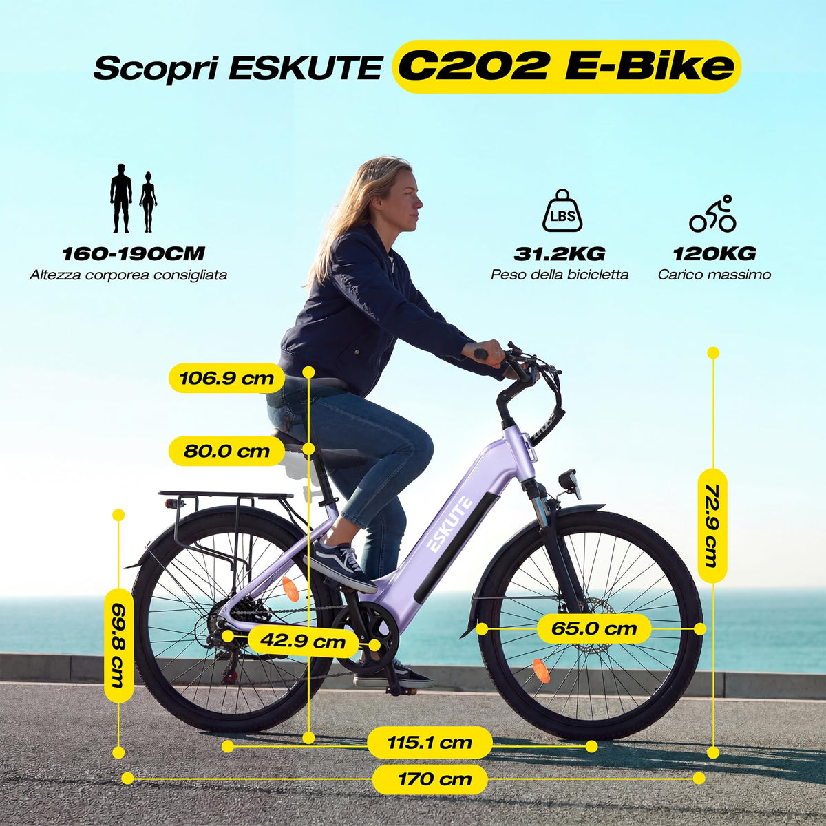 ESKUTE C202 Bicicletta Elettrica 48V 17,5Ah per Adulti 26”, Batteria Rimovibile, E-Bike da Città per Pendolari, Cambio 7 Velocità, 25 km/h, Autonomia fino a 110 km
