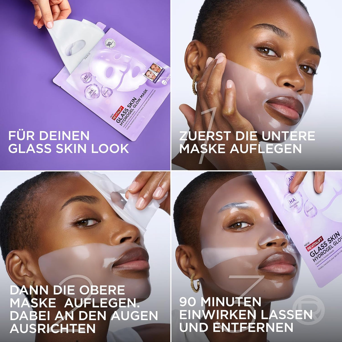 L'Oréal Paris Glass Skin Maschera in Idrogel, Per Tutti i Tipi di Pelle, Pelle Luminosa e Radiosa, Risultati Istantanei, Trend Coreana, Con Acido Ialuronico e Centella Asiatica, Revitalift, 1x37gr