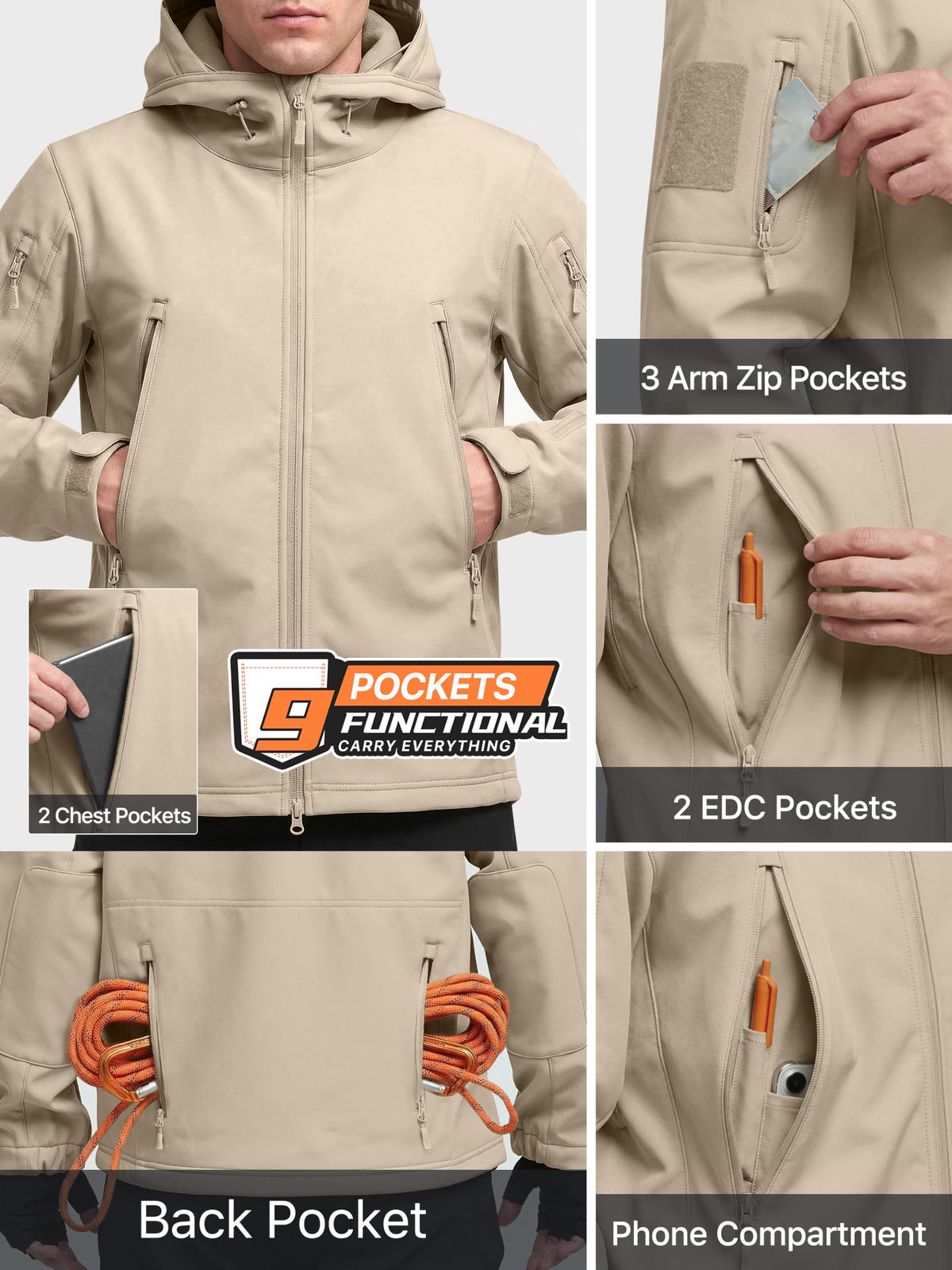 FREE SOLDIER Giacca Softshell Giacche Militari Softshell da Uomo Fodera in Pile da Esterno Giacca Antivento Impermeabile con Cappuccio Giacche tattiche Calde Multitasche per Escursioni di Caccia Uomo