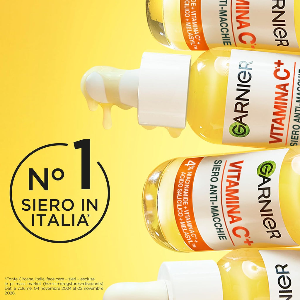 Garnier Siero Viso Vitamina C Anti-Macchie, Illuminante e Rimpolpante, Arricchito con Vitamina C, Niacinamide e Acido Salicilico, Pelle Libera dalle Macchie Scure in 6 Giorni, Incarnato Luminoso, 30ml