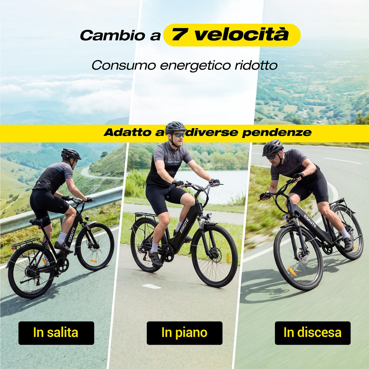 ESKUTE C202 Bicicletta Elettrica 48V 17,5Ah per Adulti 26”, Batteria Rimovibile, E-Bike da Città per Pendolari, Cambio 7 Velocità, 25 km/h, Autonomia fino a 110 km