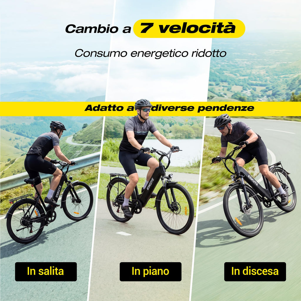 ESKUTE C202 Bicicletta Elettrica 48V 17,5Ah per Adulti 26”, Batteria Rimovibile, E-Bike da Città per Pendolari, Cambio 7 Velocità, 25 km/h, Autonomia fino a 110 km