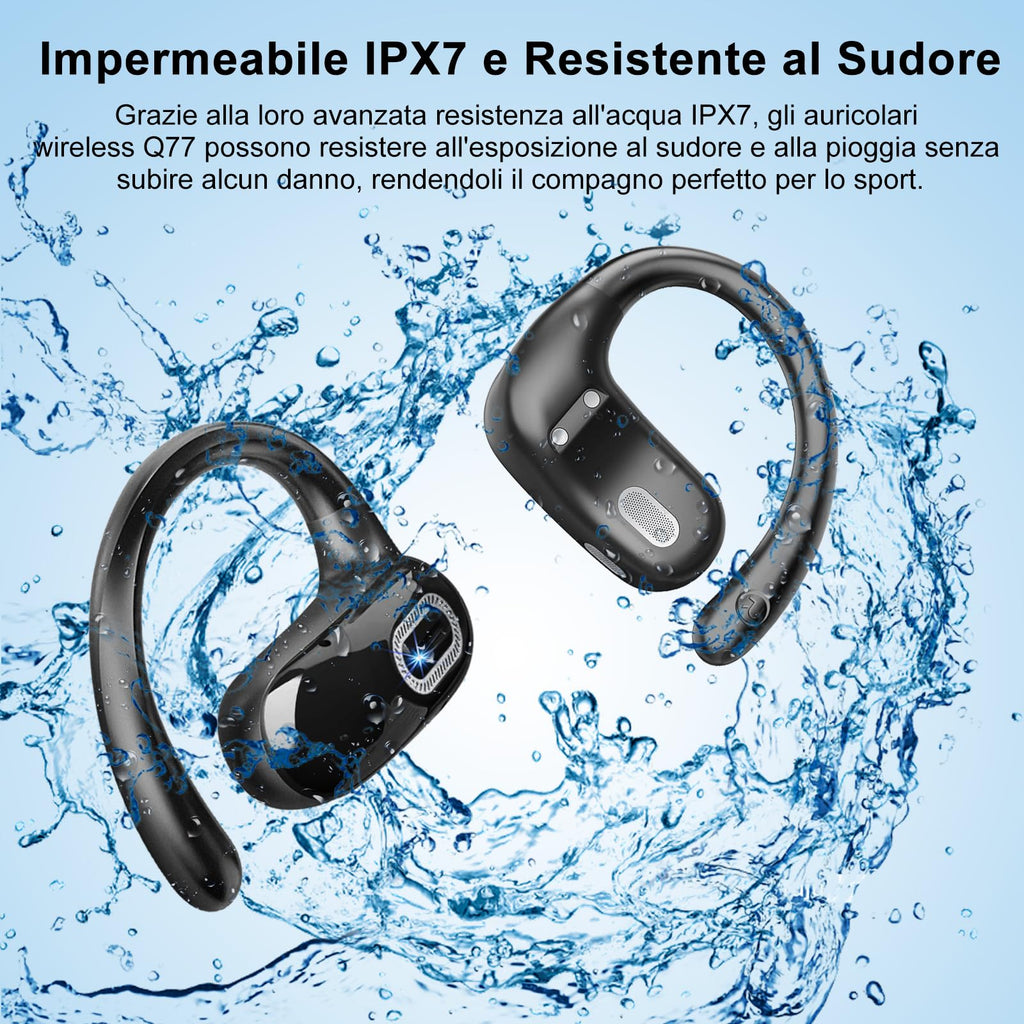 Qecnato Cuffie Bluetooth Senza Fili, Auricolari Bluetooth 5.4 con Stereo HiFi, 75 Ore, Auricolari con 4 ENC Mic, Display LED, IP7 impermeabili Cuffiette Wireless per Jogging, Lavoro, Nero