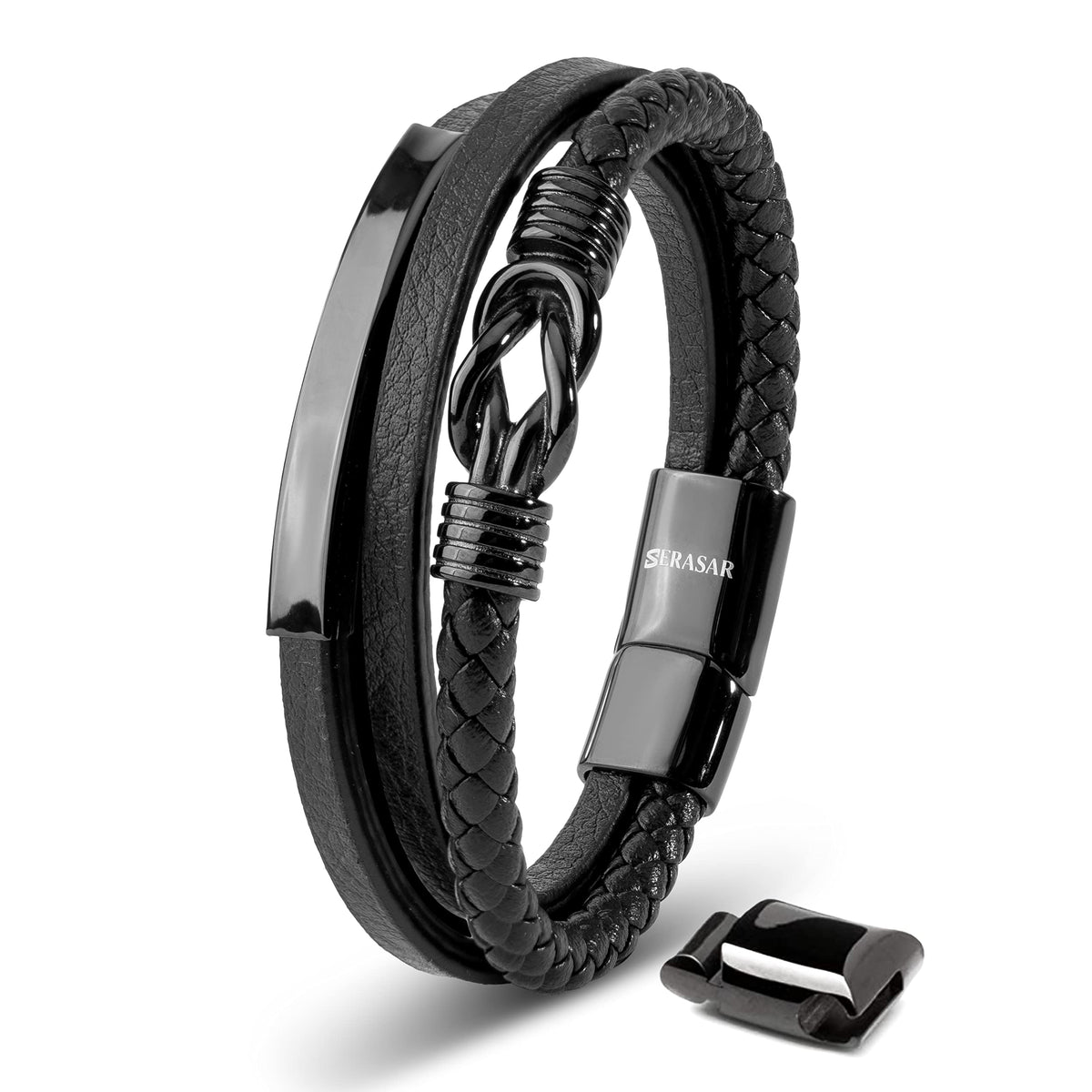 SERASAR - Bracciale da uomo in pelle di alta qualità, con chiusura magnetica in acciaio inox, nero, argento e oro, con scatola per gioielli, ottima idea regalo
