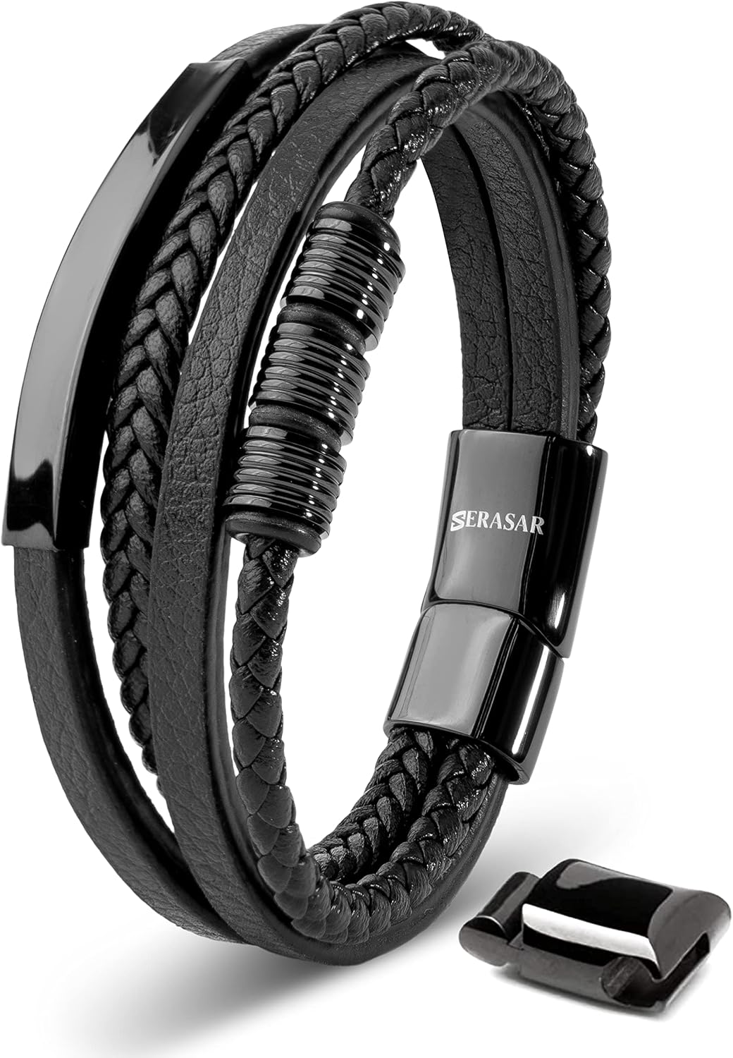 SERASAR - Bracciale da uomo in pelle di alta qualità, con chiusura magnetica in acciaio inox, nero, argento e oro, con scatola per gioielli, ottima idea regalo