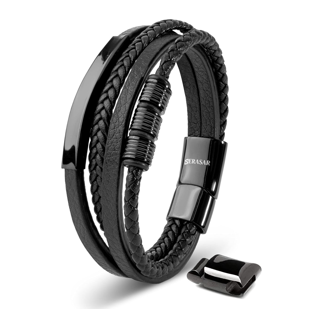 SERASAR - Bracciale da uomo in pelle di alta qualità, con chiusura magnetica in acciaio inox, nero, argento e oro, con scatola per gioielli, ottima idea regalo