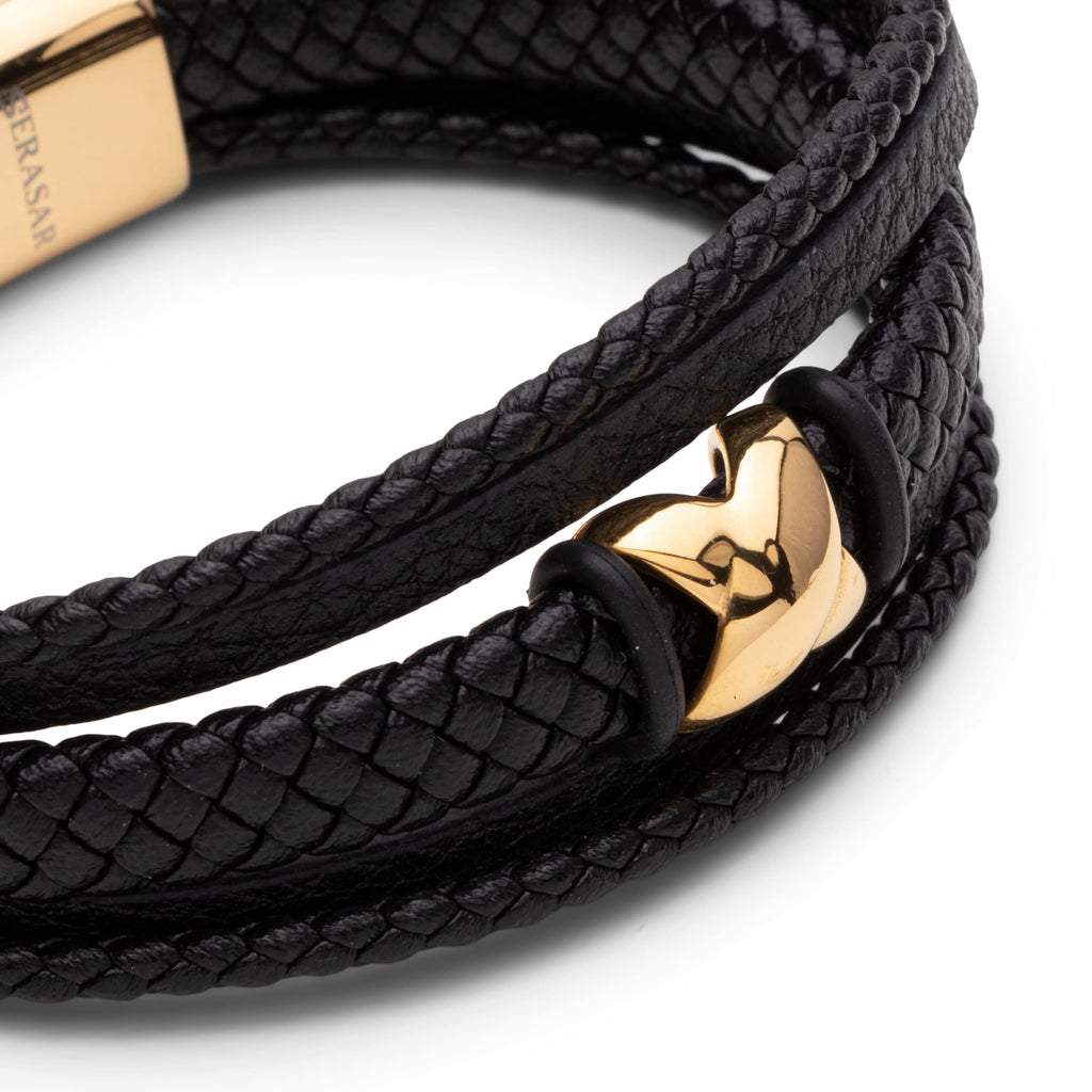 SERASAR - Bracciale da uomo in pelle di alta qualità, con chiusura magnetica in acciaio inox, nero, argento e oro, con scatola per gioielli, ottima idea regalo