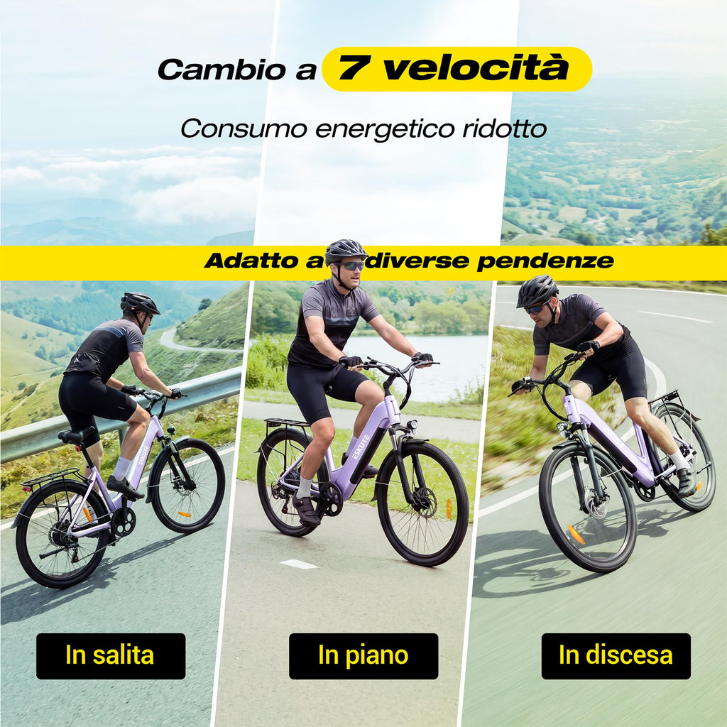 ESKUTE C202 Bicicletta Elettrica 48V 17,5Ah per Adulti 26”, Batteria Rimovibile, E-Bike da Città per Pendolari, Cambio 7 Velocità, 25 km/h, Autonomia fino a 110 km