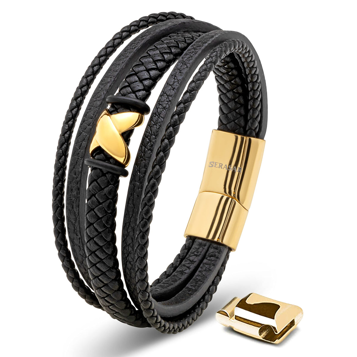 SERASAR - Bracciale da uomo in pelle di alta qualità, con chiusura magnetica in acciaio inox, nero, argento e oro, con scatola per gioielli, ottima idea regalo