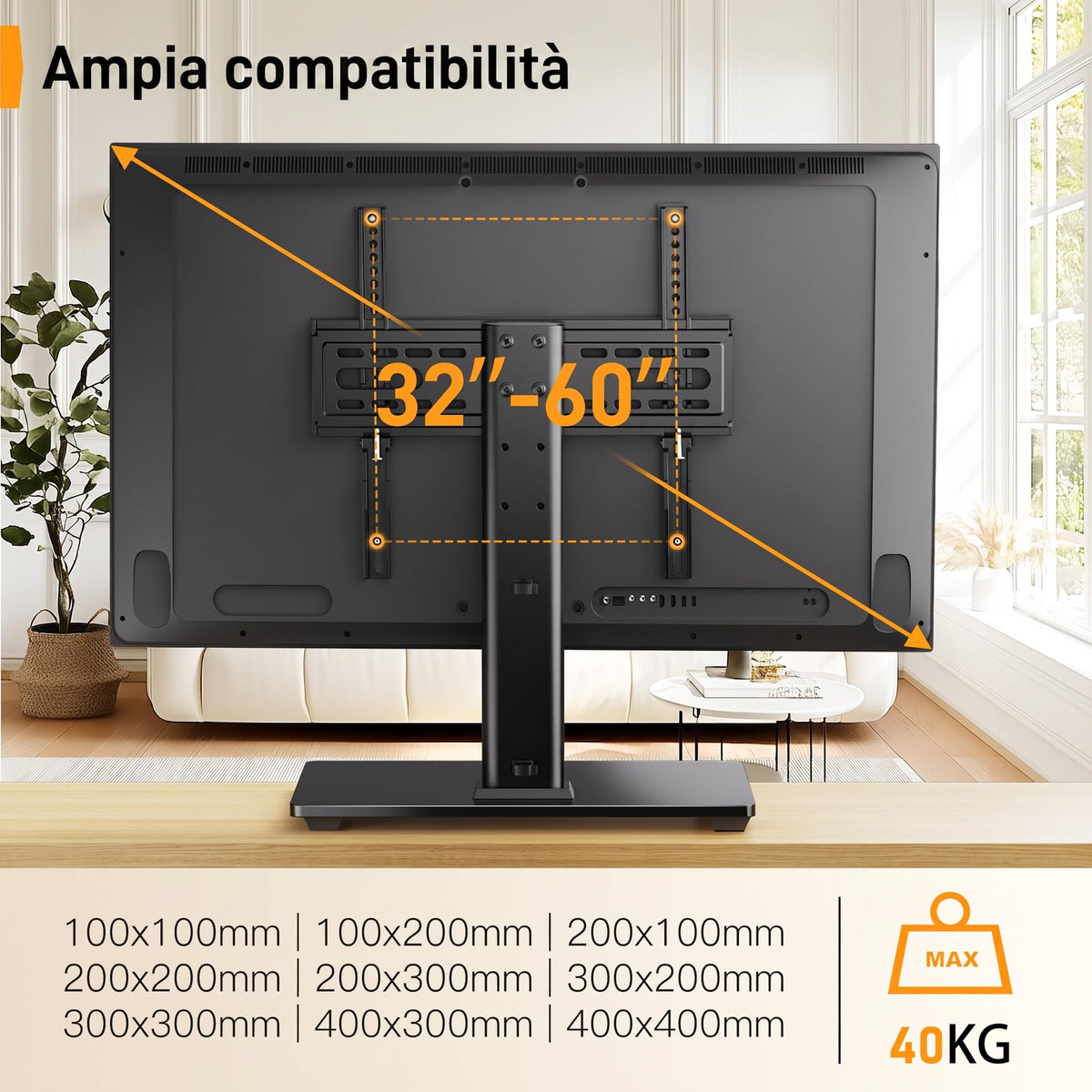Supporto Girevole da Tavolo per TV da 26-60 Pollici - Piedistallo per TV Regolabile in Altezza con Base in Vetro Temperato, VESA Max 400x400mm, Fino a 40 kg