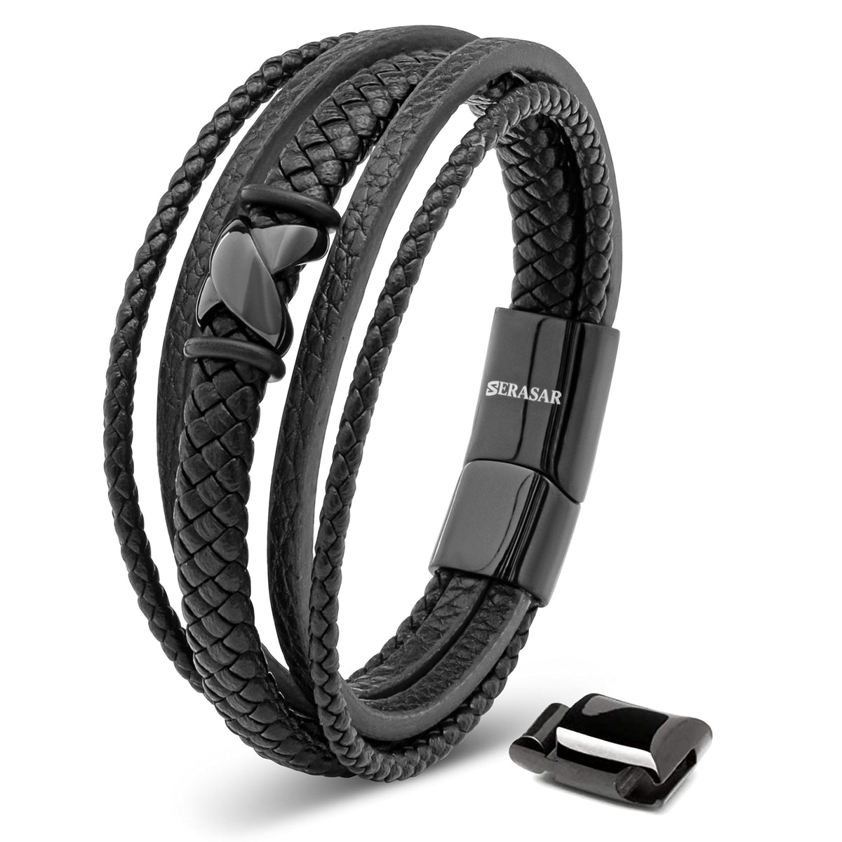 SERASAR - Bracciale da uomo in pelle di alta qualità, con chiusura magnetica in acciaio inox, nero, argento e oro, con scatola per gioielli, ottima idea regalo