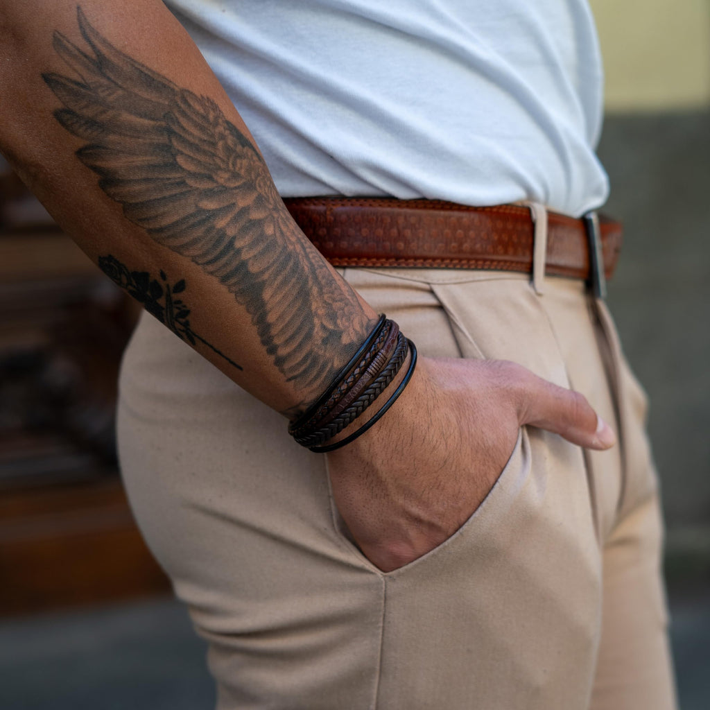 SERASAR Bracciale Uomo Pelle Nera/Marrone, 3 Misure, con Confezione Regalo