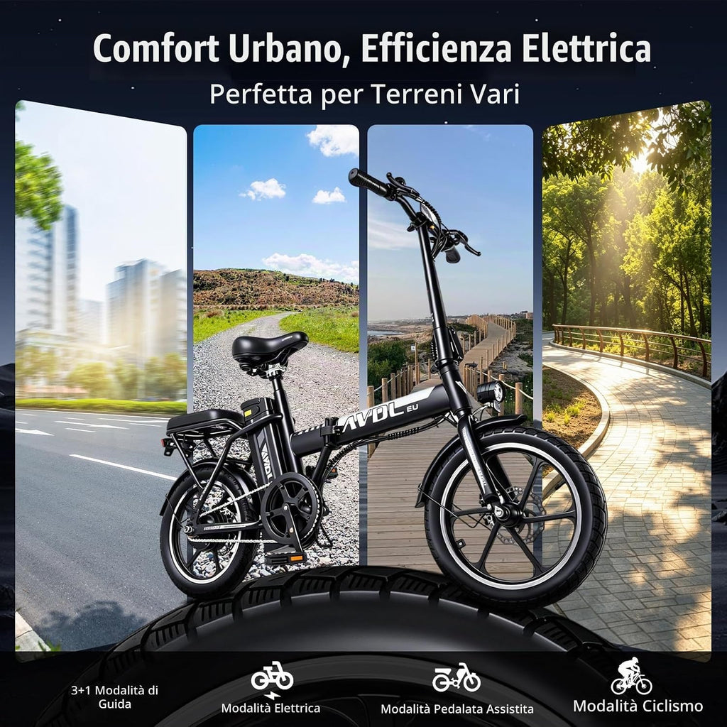A10 Bici Elettrica, 16" Bicicletta Elettrica Pieghevole con Autonomia di 30-50 km, Batteria Rimovibile 36V 12.8Ah, 3 Modalità di Guida, Velocità 10/15/25 KM/H, E-Bike per Adulti e Adolescente-120kg