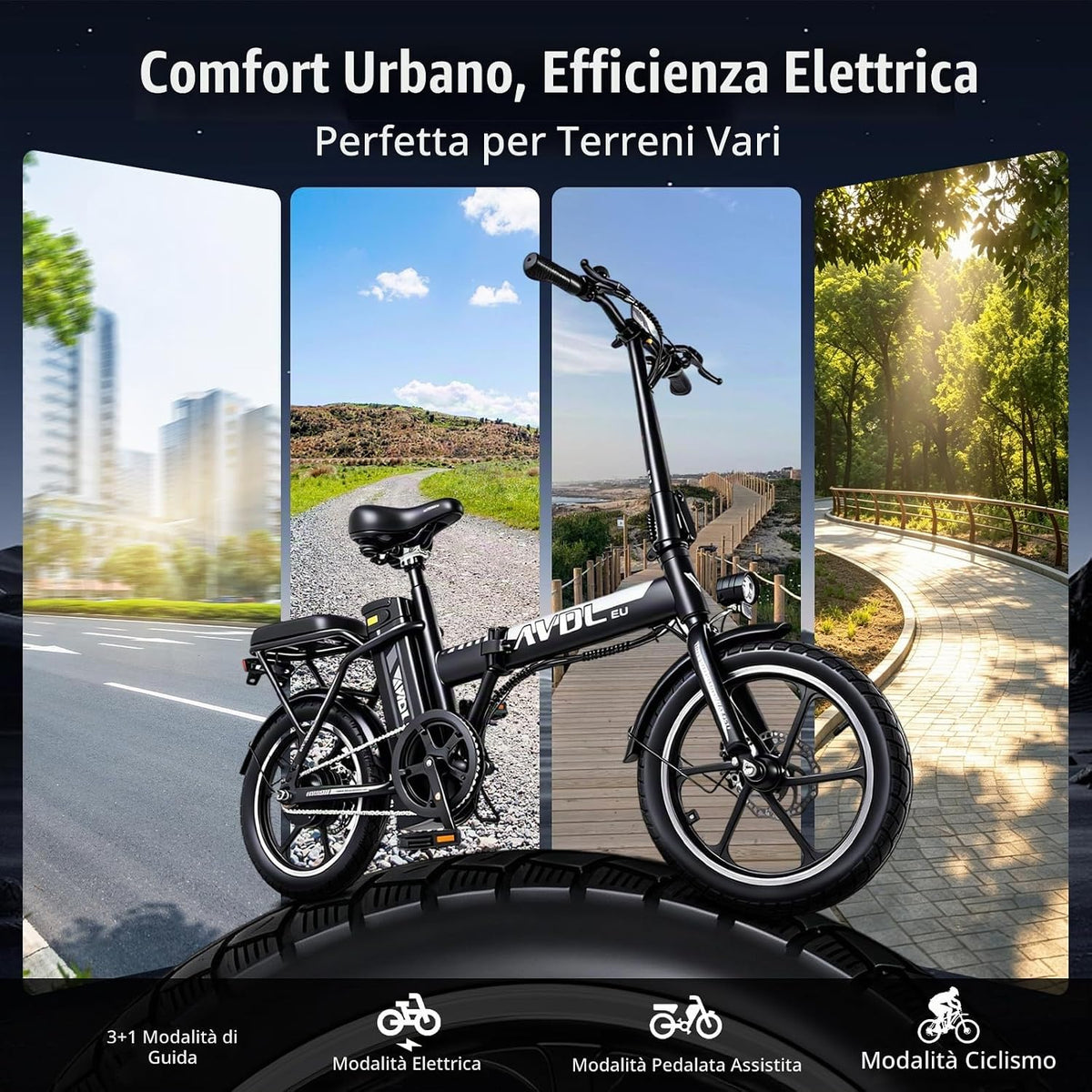 A10 Bici Elettrica, 16" Bicicletta Elettrica Pieghevole con Autonomia di 30-50 km, Batteria Rimovibile 36V 12.8Ah, 3 Modalità di Guida, Velocità 10/15/25 KM/H, E-Bike per Adulti e Adolescente-120kg