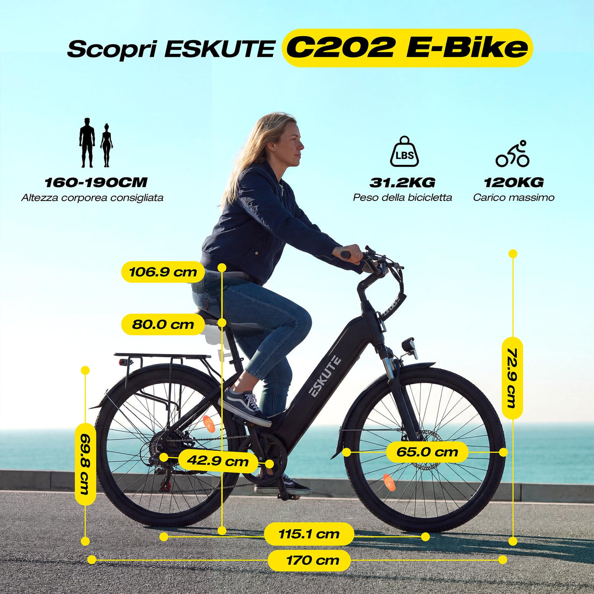 ESKUTE C202 Bicicletta Elettrica 48V 17,5Ah per Adulti 26”, Batteria Rimovibile, E-Bike da Città per Pendolari, Cambio 7 Velocità, 25 km/h, Autonomia fino a 110 km