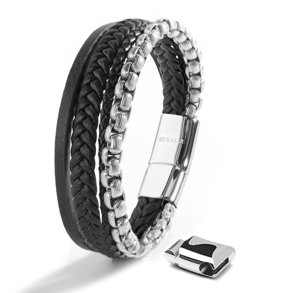 SERASAR - Bracciale da uomo in pelle di alta qualità, con chiusura magnetica in acciaio inox, nero, argento e oro, con scatola per gioielli, ottima idea regalo