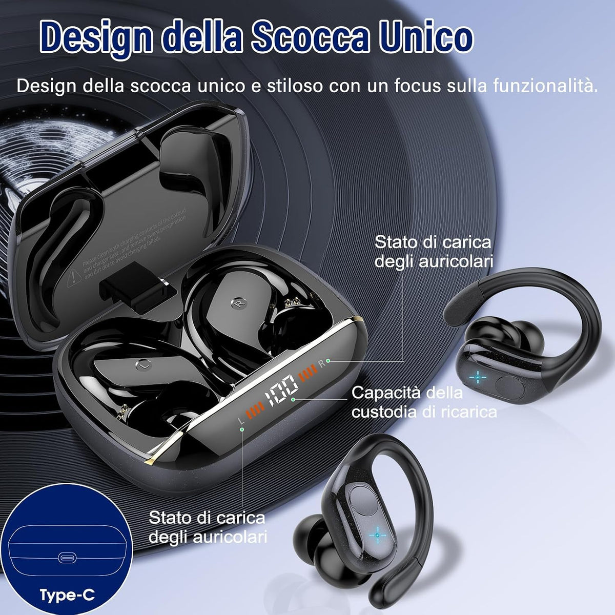 Qecnato Cuffie Bluetooth Senza Fili, Auricolari Bluetooth 5.4 con Stereo HiFi, 75 Ore, Auricolari con 4 ENC Mic, Display LED, IP7 impermeabili Cuffiette Wireless per Jogging, Lavoro, Nero