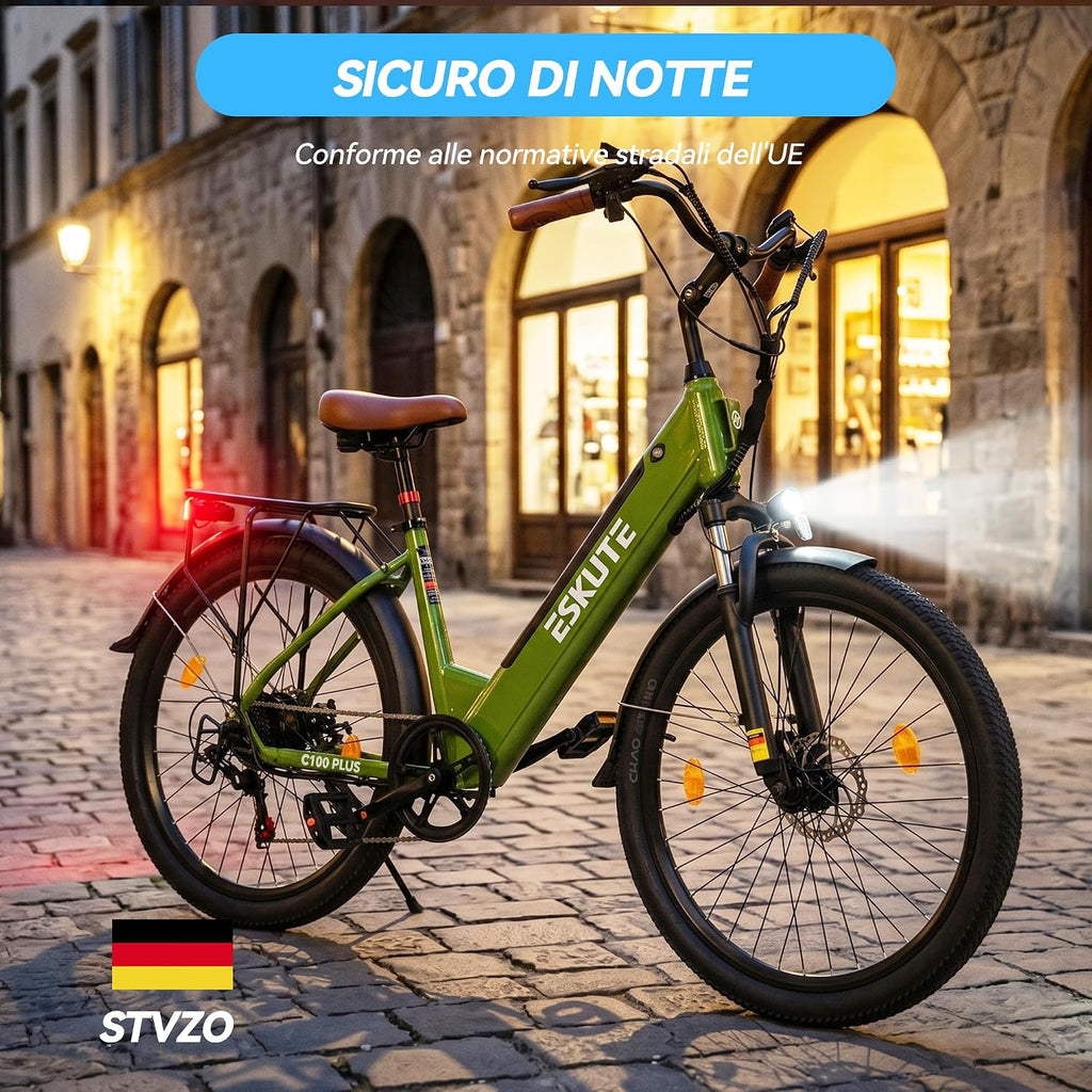 ESKUTE C100 Plus Bici Elettrica, 26 Pollici Bicicletta Elettrica, Motore 250W, Batteria Rimovibile 36V 13Ah, Velocità Massima di 25 km/h, 7 Velocità, Display LCD, E-bike per Adulti