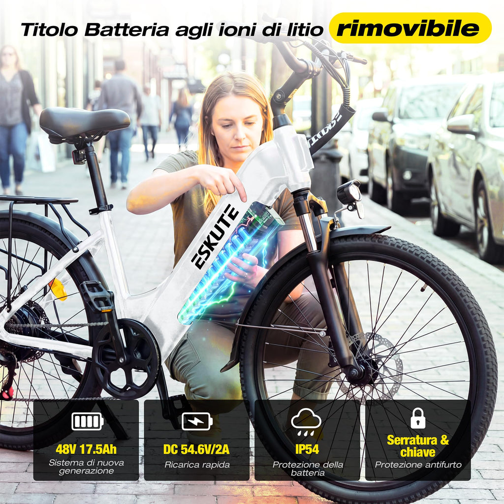 ESKUTE C202 Bicicletta Elettrica 48V 17,5Ah per Adulti 26”, Batteria Rimovibile, E-Bike da Città per Pendolari, Cambio 7 Velocità, 25 km/h, Autonomia fino a 110 km