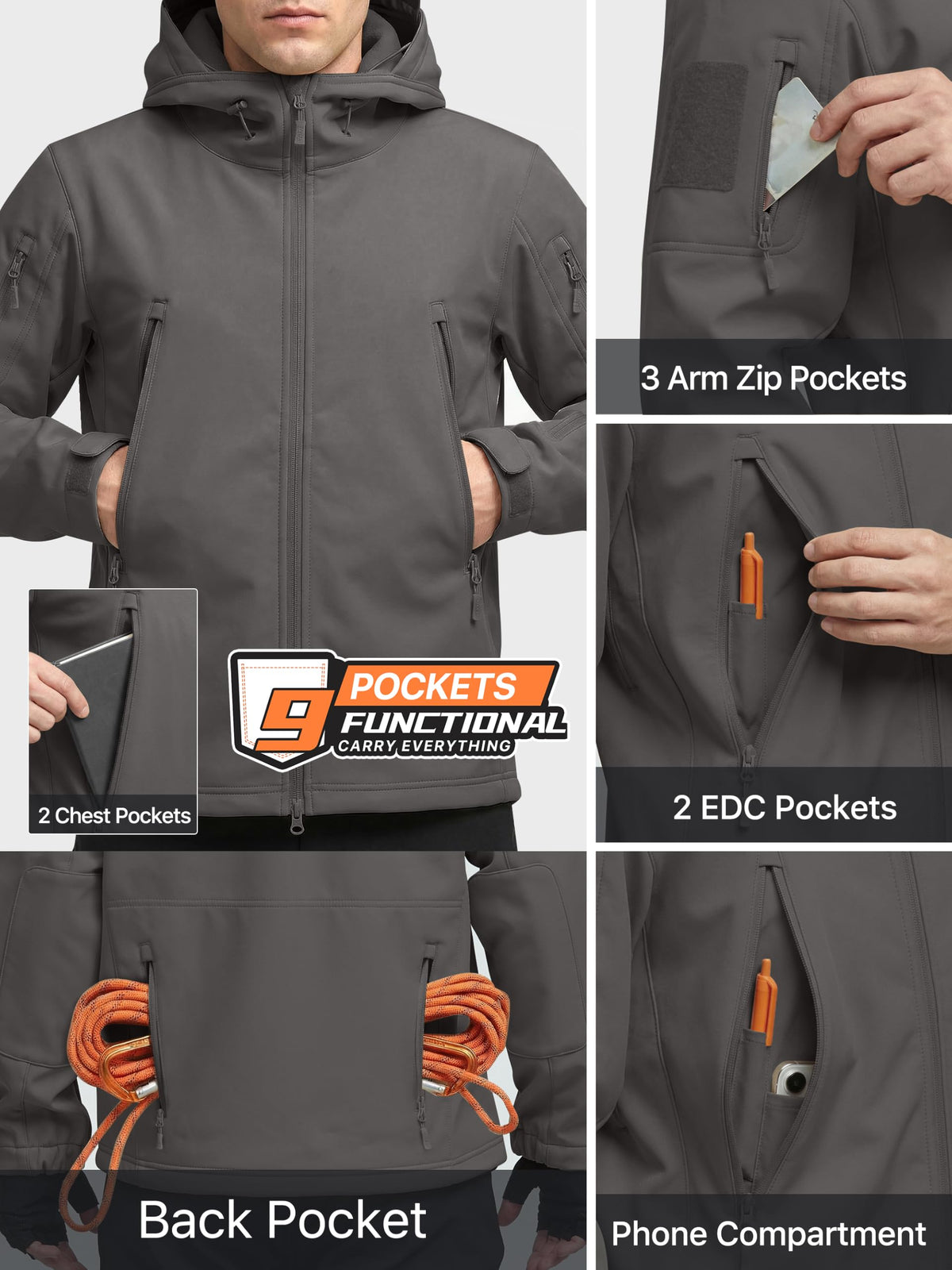 FREE SOLDIER Giacca Softshell Giacche Militari Softshell da Uomo Fodera in Pile da Esterno Giacca Antivento Impermeabile con Cappuccio Giacche tattiche Calde Multitasche per Escursioni di Caccia Uomo
