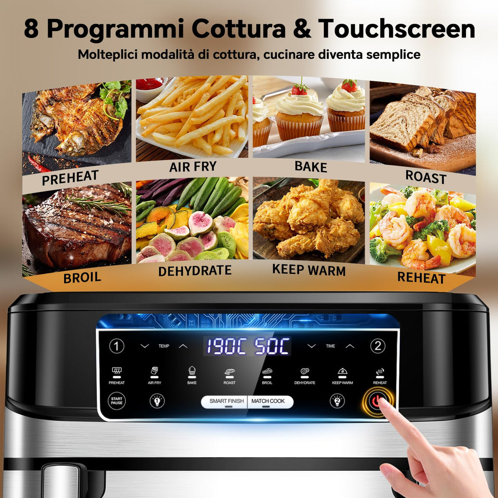 Friggitrice ad Aria 12L | Friggitrice Aria XXL Modalità Flessibile 1 o 2 Zone, 2600W Doppia Resistenza Controllo Indipendente Finestra & Luce Interna, Air Fryer Grande 8-in-1 Touch Control Ricettario