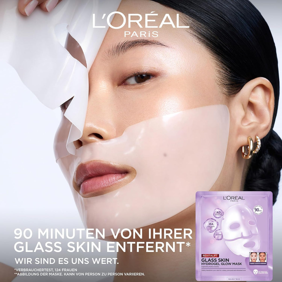 L'Oréal Paris Glass Skin Maschera in Idrogel, Per Tutti i Tipi di Pelle, Pelle Luminosa e Radiosa, Risultati Istantanei, Trend Coreana, Con Acido Ialuronico e Centella Asiatica, Revitalift, 1x37gr