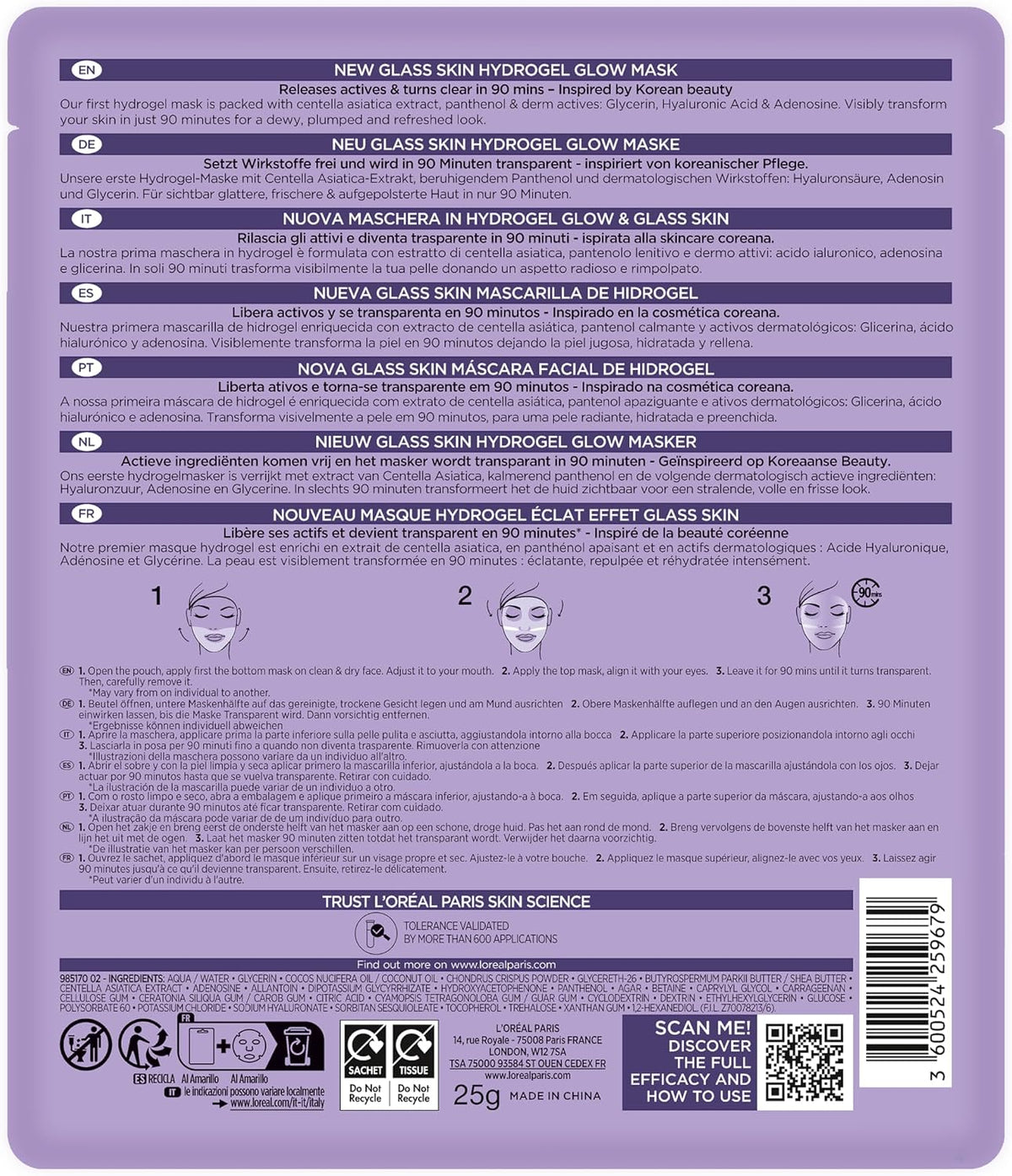 L'Oréal Paris Glass Skin Maschera in Idrogel, Per Tutti i Tipi di Pelle, Pelle Luminosa e Radiosa, Risultati Istantanei, Trend Coreana, Con Acido Ialuronico e Centella Asiatica, Revitalift, 1x37gr