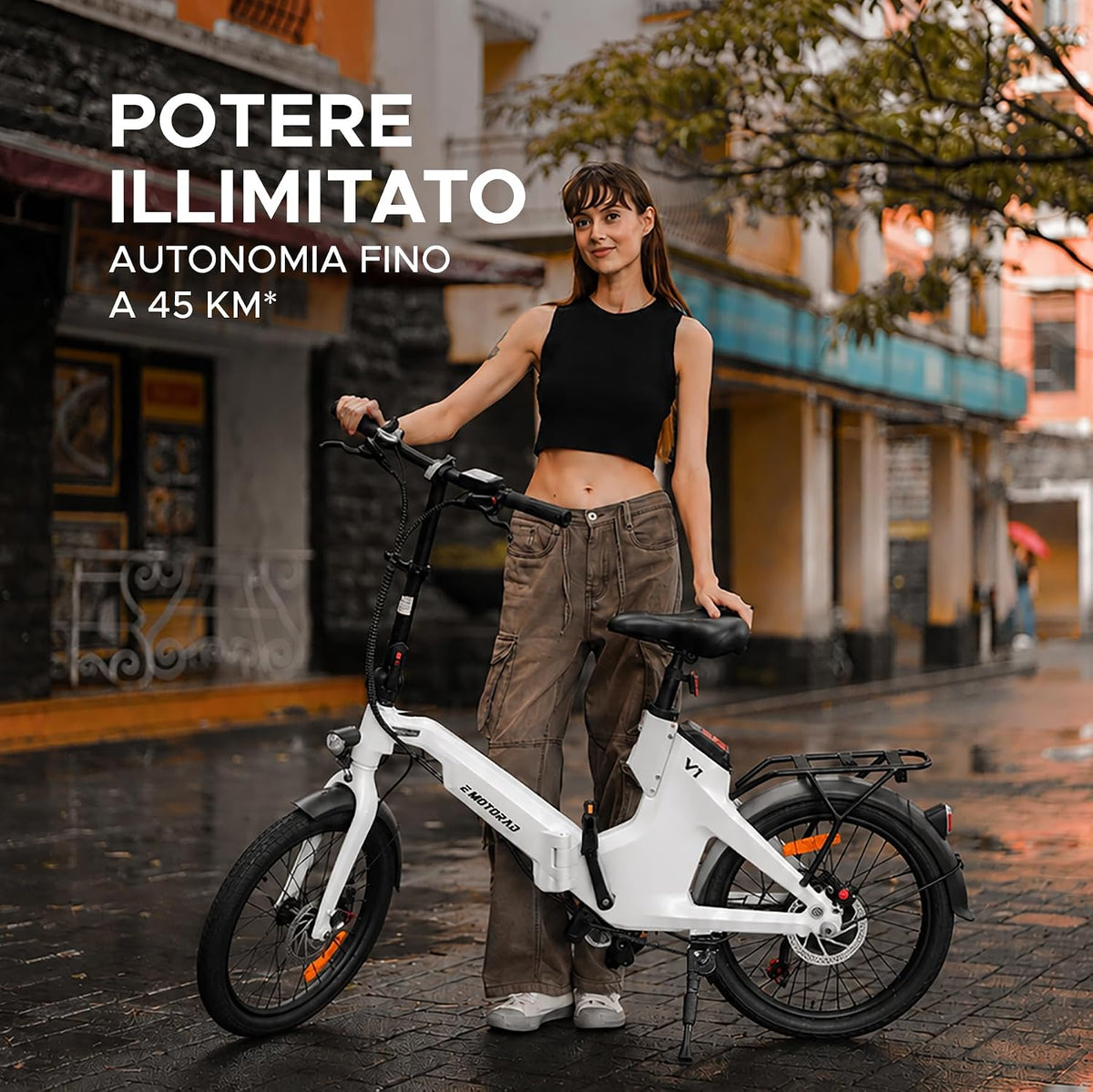 EMotorad V1, Bicicletta Elettrica Pieghevole da Città, Telaio in Lega di Magnesio, Motore 250 W 35 Nm, Batteria Rimovibile 36 V 7,8 Ah, Shimano Tourney 7 Velocità, Freni a Disco Idraulici