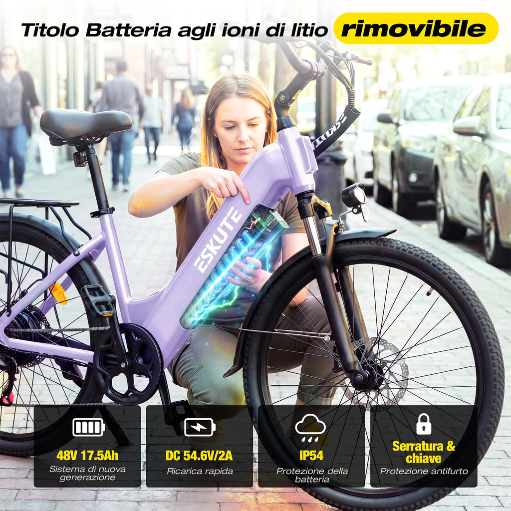 ESKUTE C202 Bicicletta Elettrica 48V 17,5Ah per Adulti 26”, Batteria Rimovibile, E-Bike da Città per Pendolari, Cambio 7 Velocità, 25 km/h, Autonomia fino a 110 km