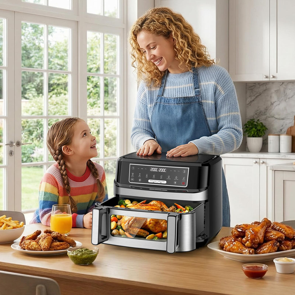 Friggitrice ad Aria 12L | Friggitrice Aria XXL Modalità Flessibile 1 o 2 Zone, 2600W Doppia Resistenza Controllo Indipendente Finestra & Luce Interna, Air Fryer Grande 8-in-1 Touch Control Ricettario