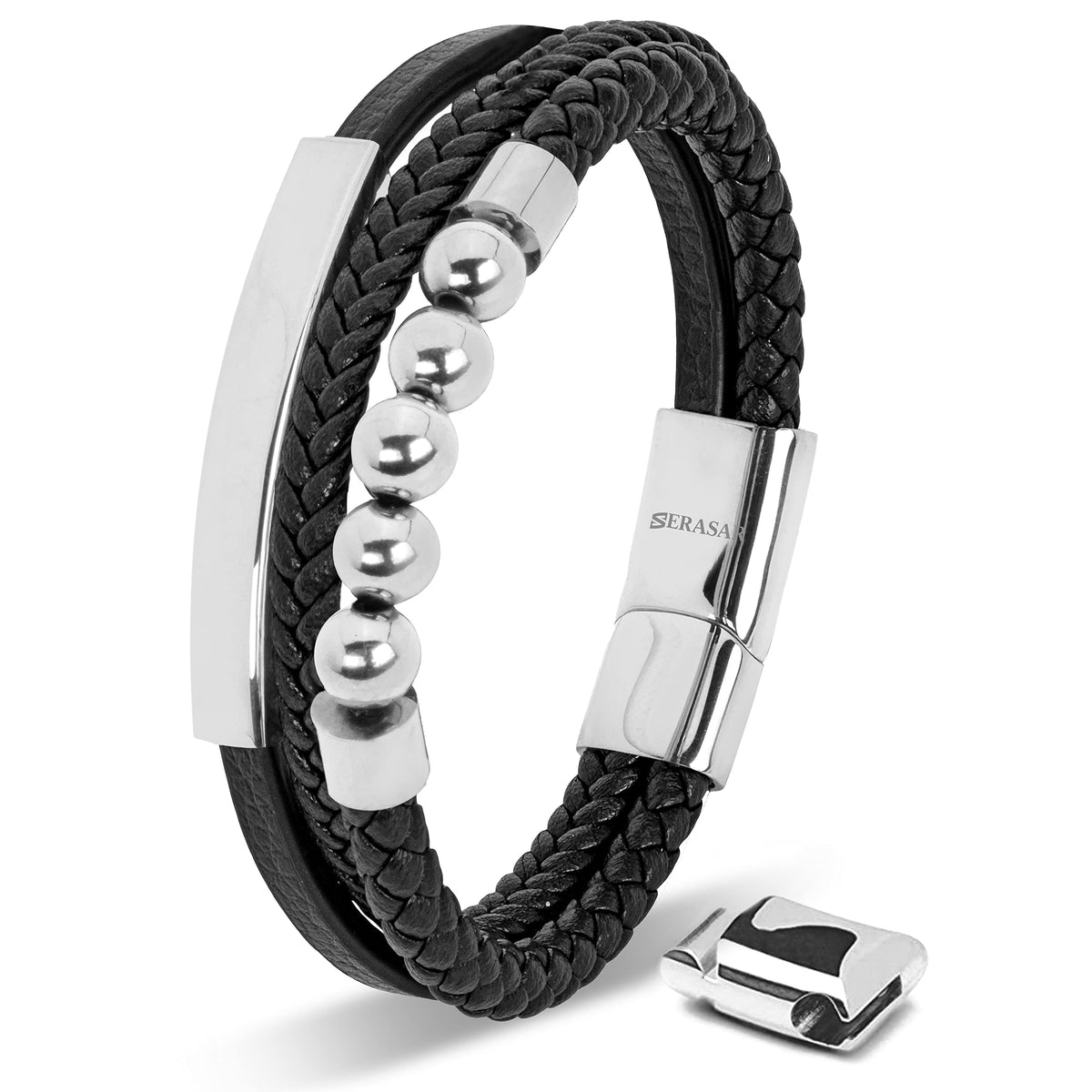SERASAR - Bracciale da uomo in pelle di alta qualità, con chiusura magnetica in acciaio inox, nero, argento e oro, con scatola per gioielli, ottima idea regalo