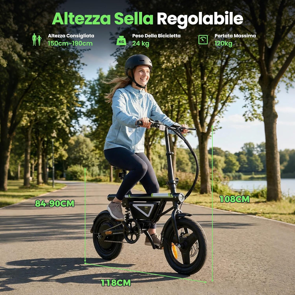 Finbike Bici Elettrica Pieghevole 14'' Pneumatico, 432WH Batteria, Autonomia di 30-50 KM, Motore 250W, E-Bike per Adulti e Adolescente, Carico 120kg, 10/15/25KM/H