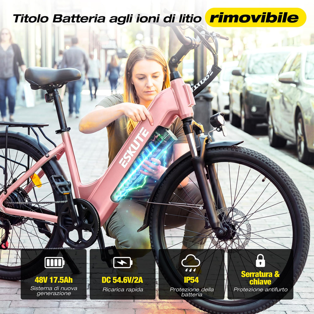 ESKUTE C202 Bicicletta Elettrica 48V 17,5Ah per Adulti 26”, Batteria Rimovibile, E-Bike da Città per Pendolari, Cambio 7 Velocità, 25 km/h, Autonomia fino a 110 km