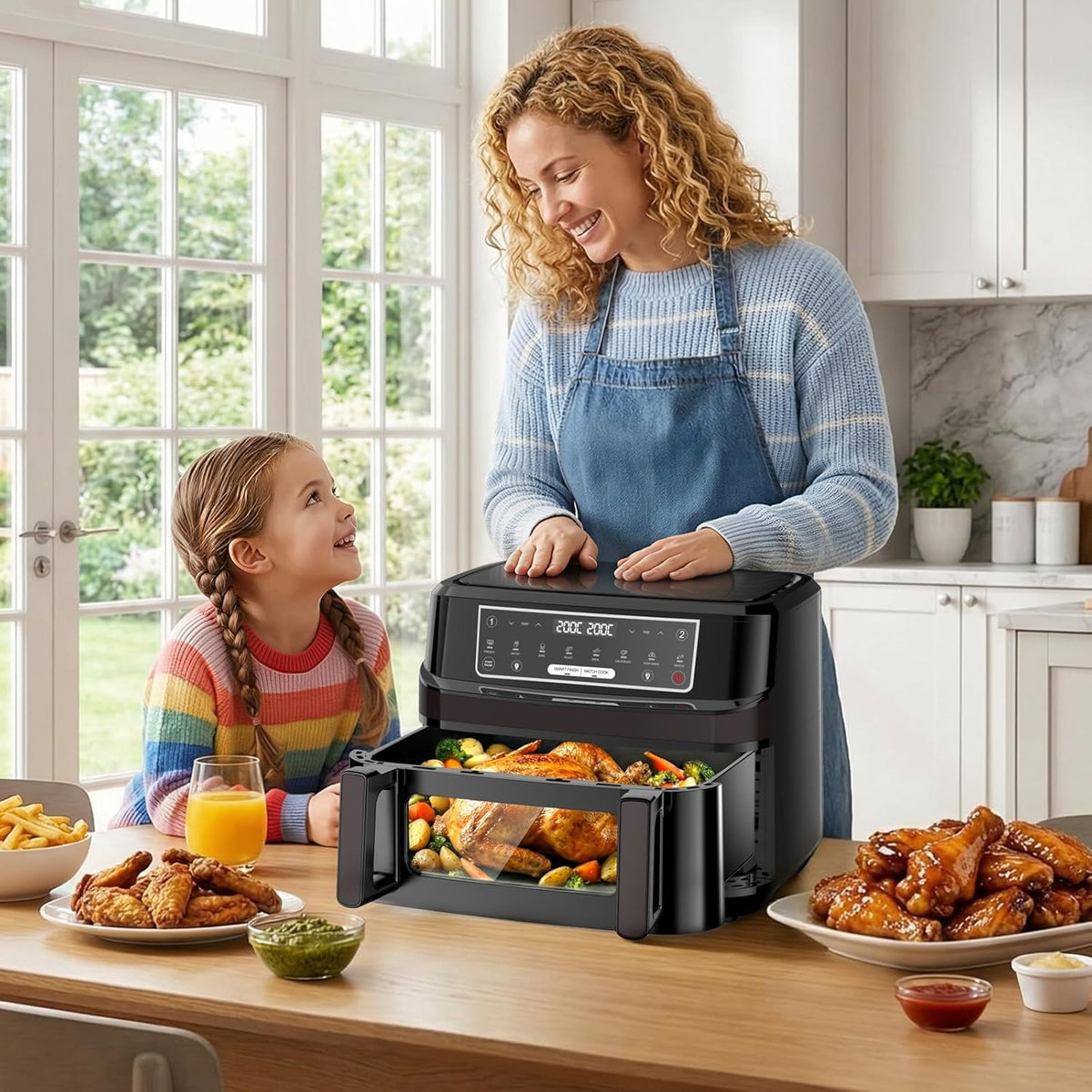 Friggitrice ad Aria 12L | Friggitrice Aria XXL Modalità Flessibile 1 o 2 Zone, 2600W Doppia Resistenza Controllo Indipendente Finestra & Luce Interna, Air Fryer Grande 8-in-1 Touch Control Ricettario