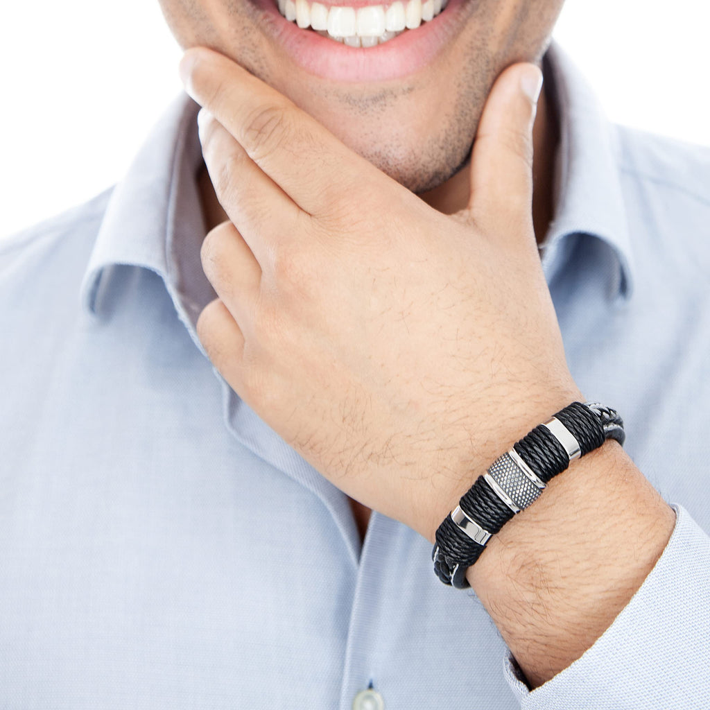 SERASAR - Bracciale da uomo in pelle di alta qualità, con chiusura magnetica in acciaio inox, nero, argento e oro, con scatola per gioielli, ottima idea regalo