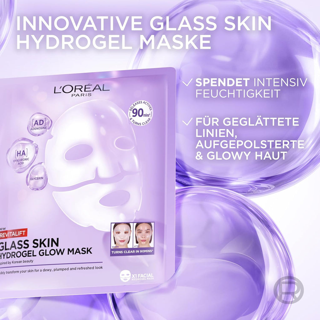 L'Oréal Paris Glass Skin Maschera in Idrogel, Per Tutti i Tipi di Pelle, Pelle Luminosa e Radiosa, Risultati Istantanei, Trend Coreana, Con Acido Ialuronico e Centella Asiatica, Revitalift, 1x37gr