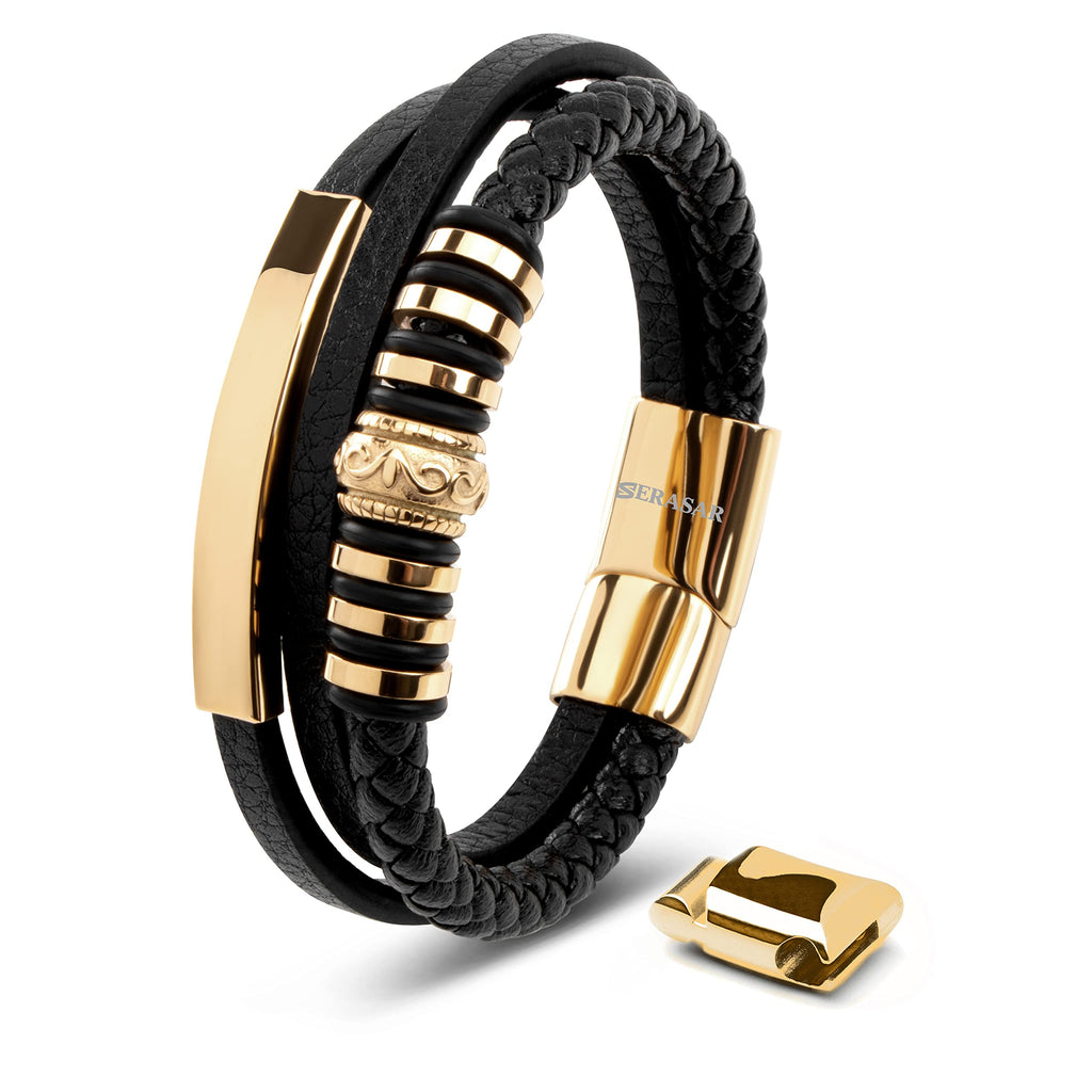 SERASAR - Bracciale da uomo in pelle di alta qualità, con chiusura magnetica in acciaio inox, nero, argento e oro, con scatola per gioielli, ottima idea regalo