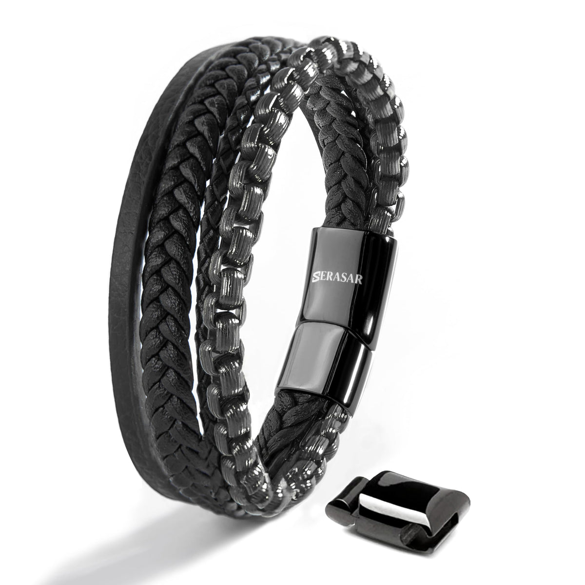 SERASAR - Bracciale da uomo in pelle di alta qualità, con chiusura magnetica in acciaio inox, nero, argento e oro, con scatola per gioielli, ottima idea regalo