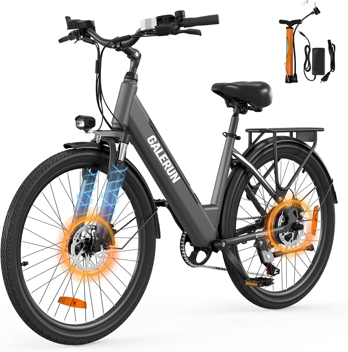 GaleRun E Bike 26‘ Biciclette Elettriche Freno Idraulico per Uomo/Donna,Motore Ruote,Autonomia Max120km,Batteria 468Wh (36V13Ah),7velocità,25km/h,per Pendolari Urbani -Grigio/Blu