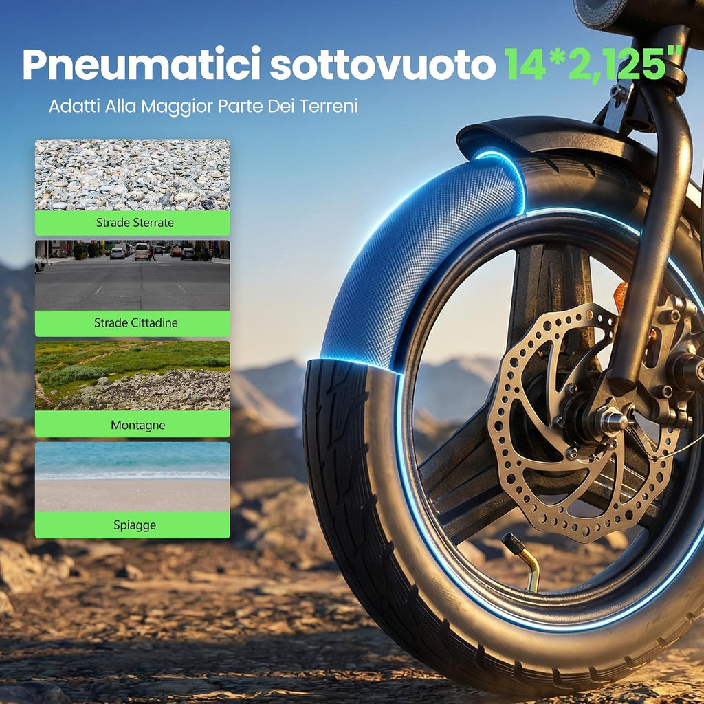 Finbike Bici Elettrica Pieghevole 14'' Pneumatico, 432WH Batteria, Autonomia di 30-50 KM, Motore 250W, E-Bike per Adulti e Adolescente, Carico 120kg, 10/15/25KM/H