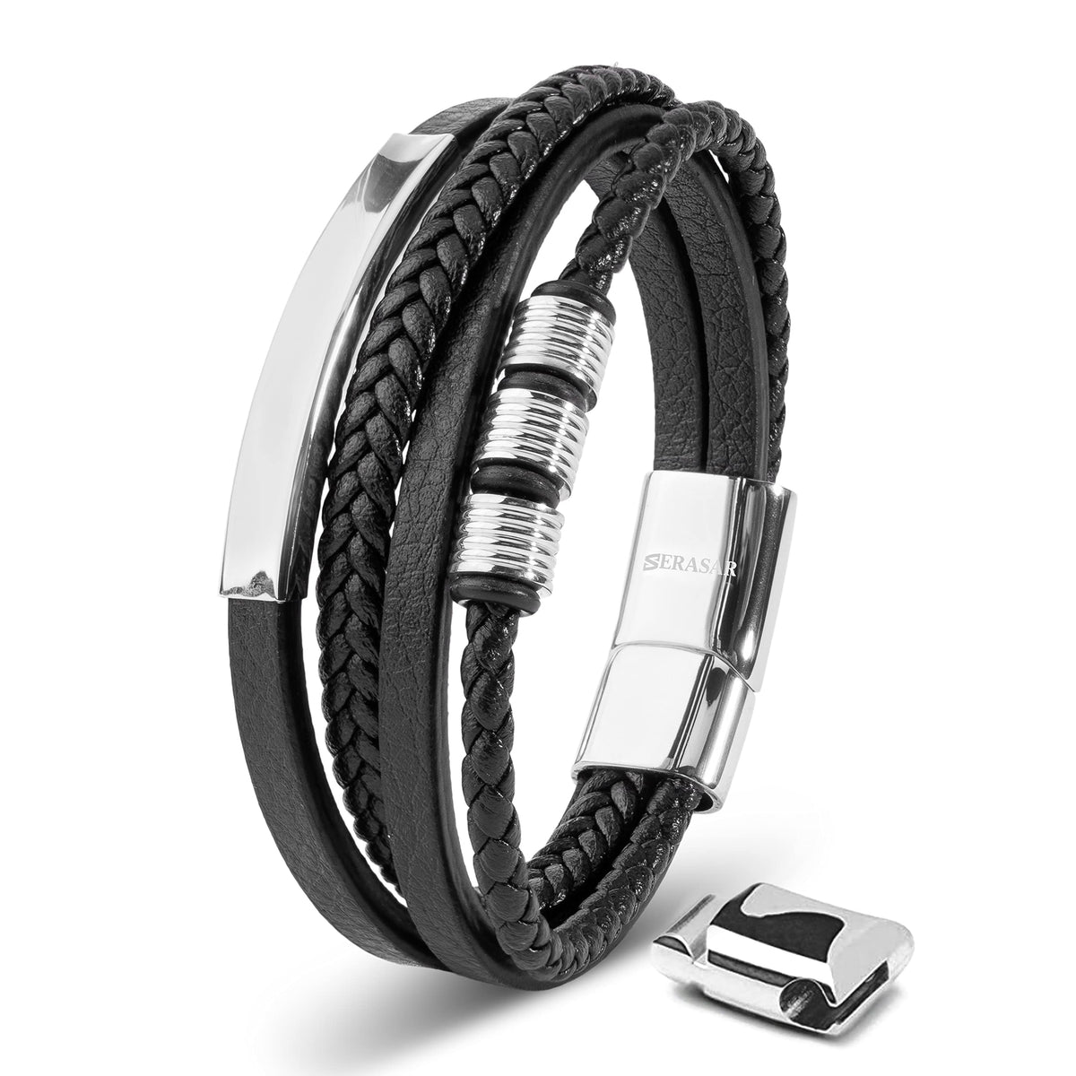 SERASAR - Bracciale da uomo in pelle di alta qualità, con chiusura magnetica in acciaio inox, nero, argento e oro, con scatola per gioielli, ottima idea regalo