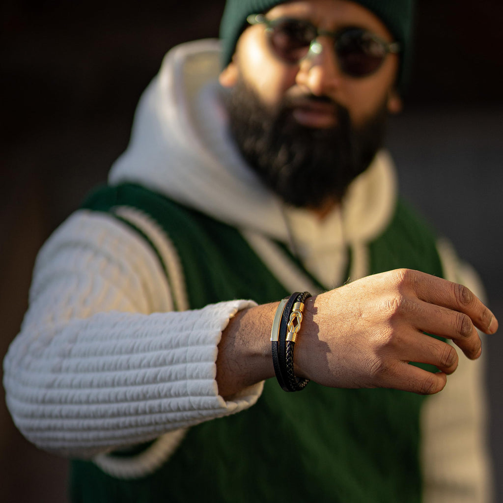 SERASAR - Bracciale da uomo in pelle di alta qualità, con chiusura magnetica in acciaio inox, nero, argento e oro, con scatola per gioielli, ottima idea regalo