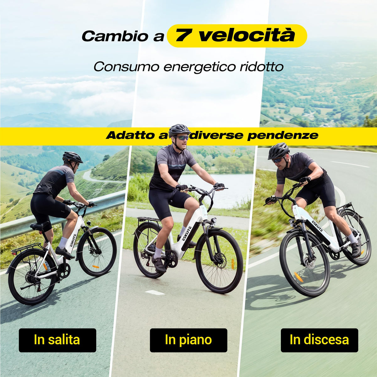 ESKUTE C202 Bicicletta Elettrica 48V 17,5Ah per Adulti 26”, Batteria Rimovibile, E-Bike da Città per Pendolari, Cambio 7 Velocità, 25 km/h, Autonomia fino a 110 km