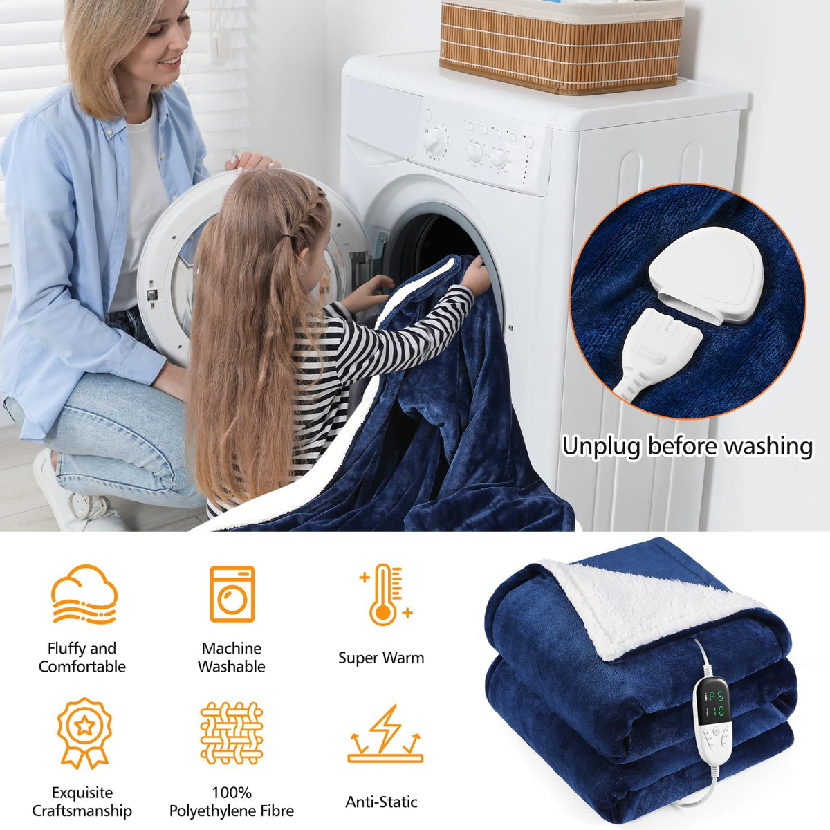 Coperta Termica Elettrica 155x180cm 6 Livelli di Riscaldamento,Timer 10H