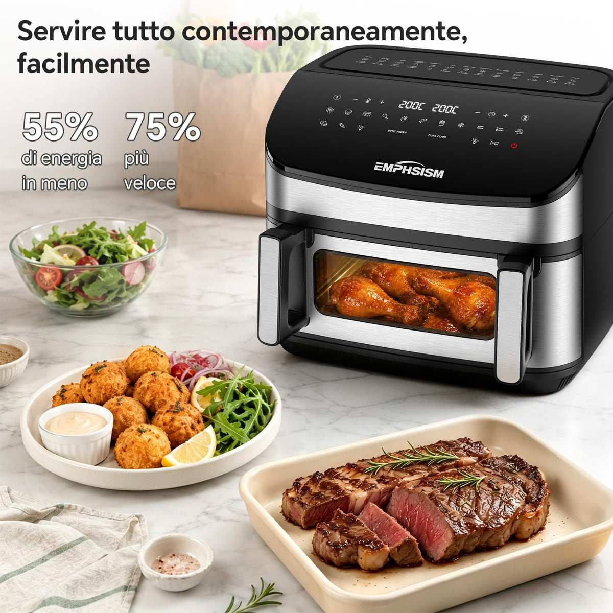 Friggitrice ad Aria 12L | Friggitrice Aria XXL Modalità Flessibile 1 o 2 Zone, 2600W Doppia Resistenza Controllo Indipendente Finestra & Luce Interna, Air Fryer Grande 8-in-1 Touch Control Ricettario